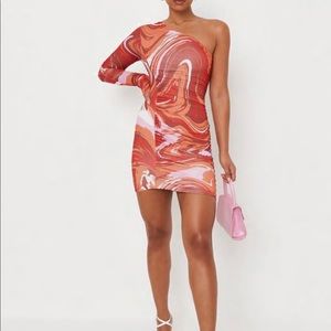 red abstract print double layer slinky one shoulder ruched mini dress